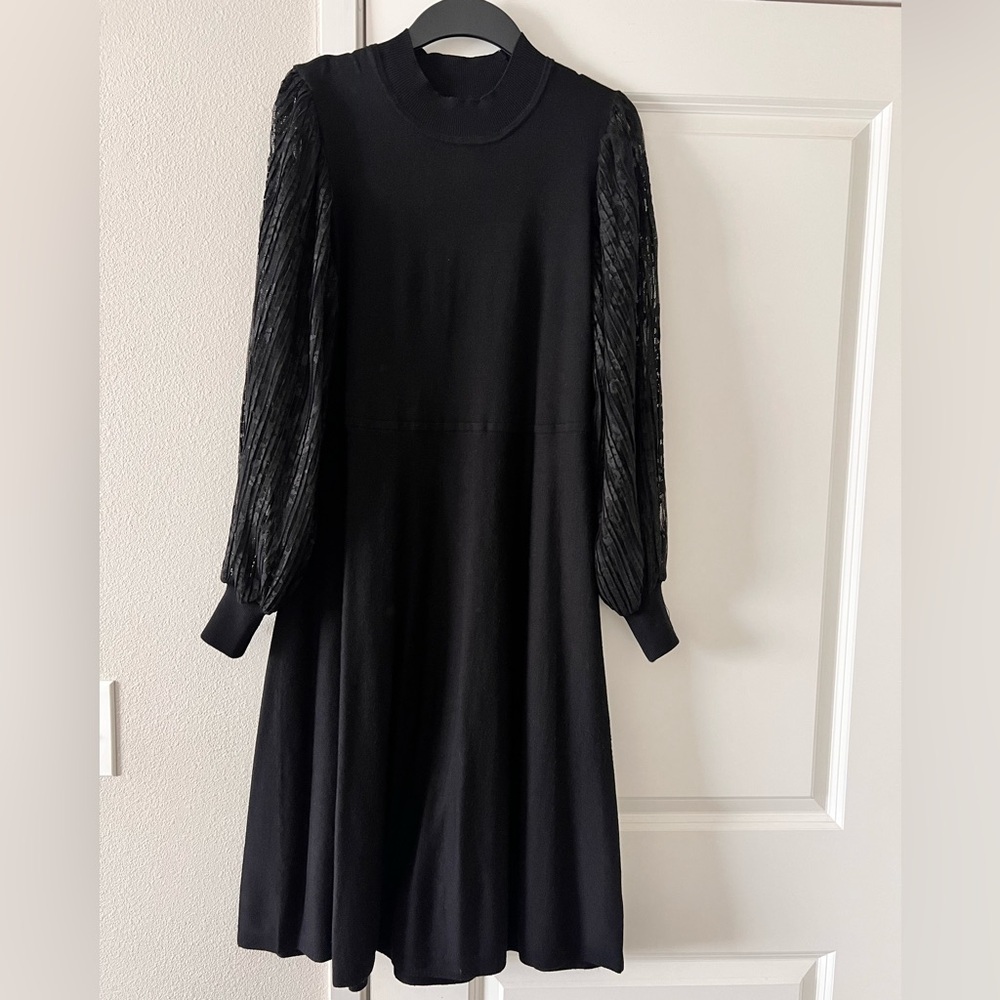 Nina Leonard Black Long-Sleeve A-Line Dress with Textured Puff Sleeves